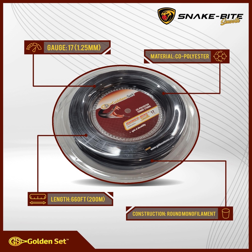 Snake-Bite Smooth 17g (1.25mm), Reel (660ft/200m), Polyester Tennis String (B...