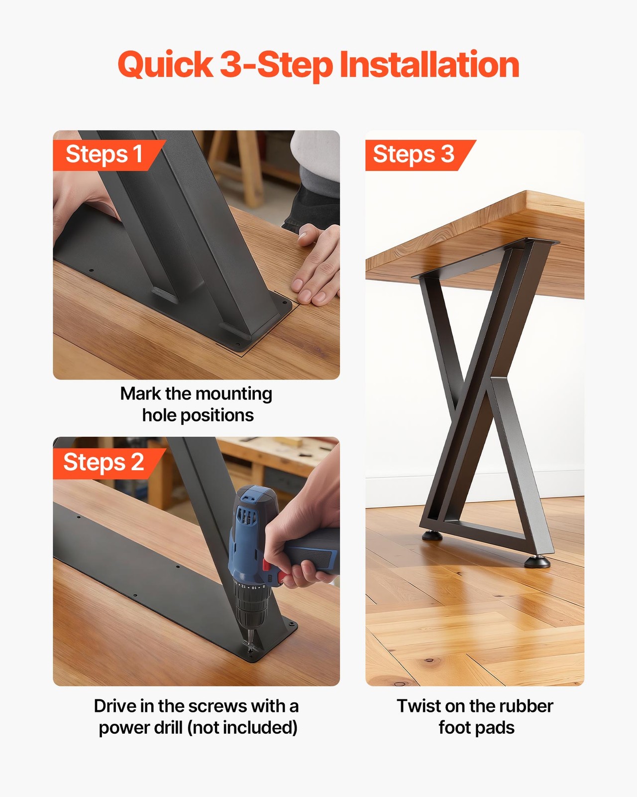 VEVOR Steel Table Legs 29.1 x 24 in 2204 lbs Heavy Duty for Desk Set of 2 Black