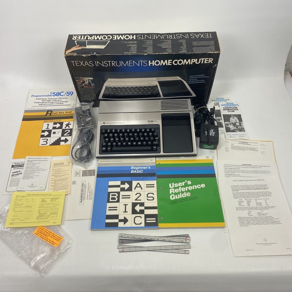 Texas Instruments Computer TI-99/4A Original Box Cords & Docs