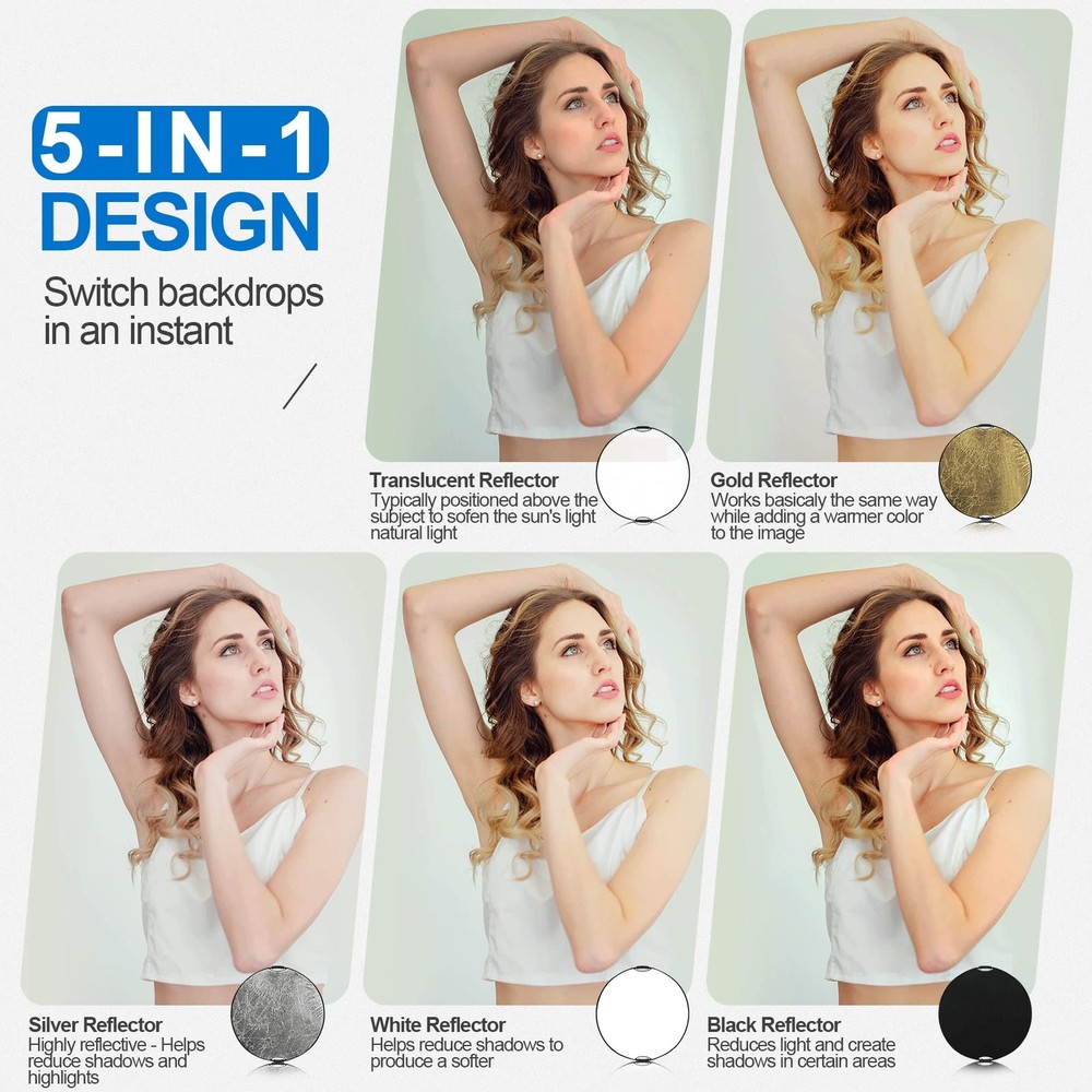 43Inch/110cm Photography Light Reflector, Portable Foldable 5 in 1 Diffuser R...