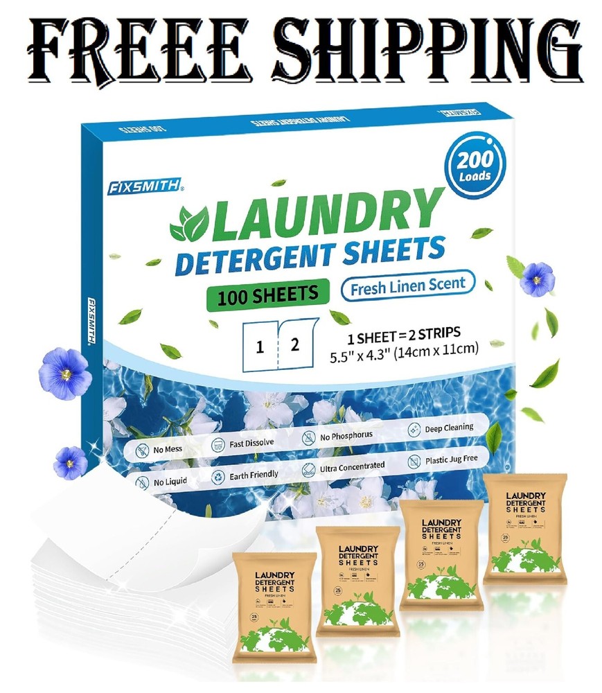 FIXSMITH Laundry Detergent Sheets - 200 Loads (100 Sheets) Fresh  ⭐️⭐️⭐️⭐️⭐️