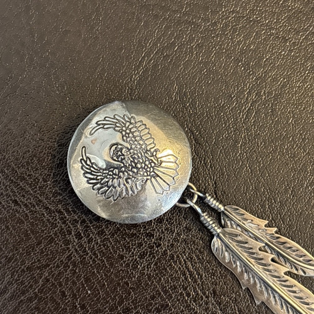 Sterling Silver Concho Button Cover With Dangling Silver Feathers