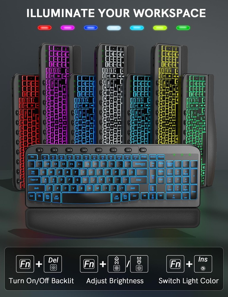 Ergonomic Wireless Keyboard and Mouse Combo - Wave Keyboard with Soft Leather