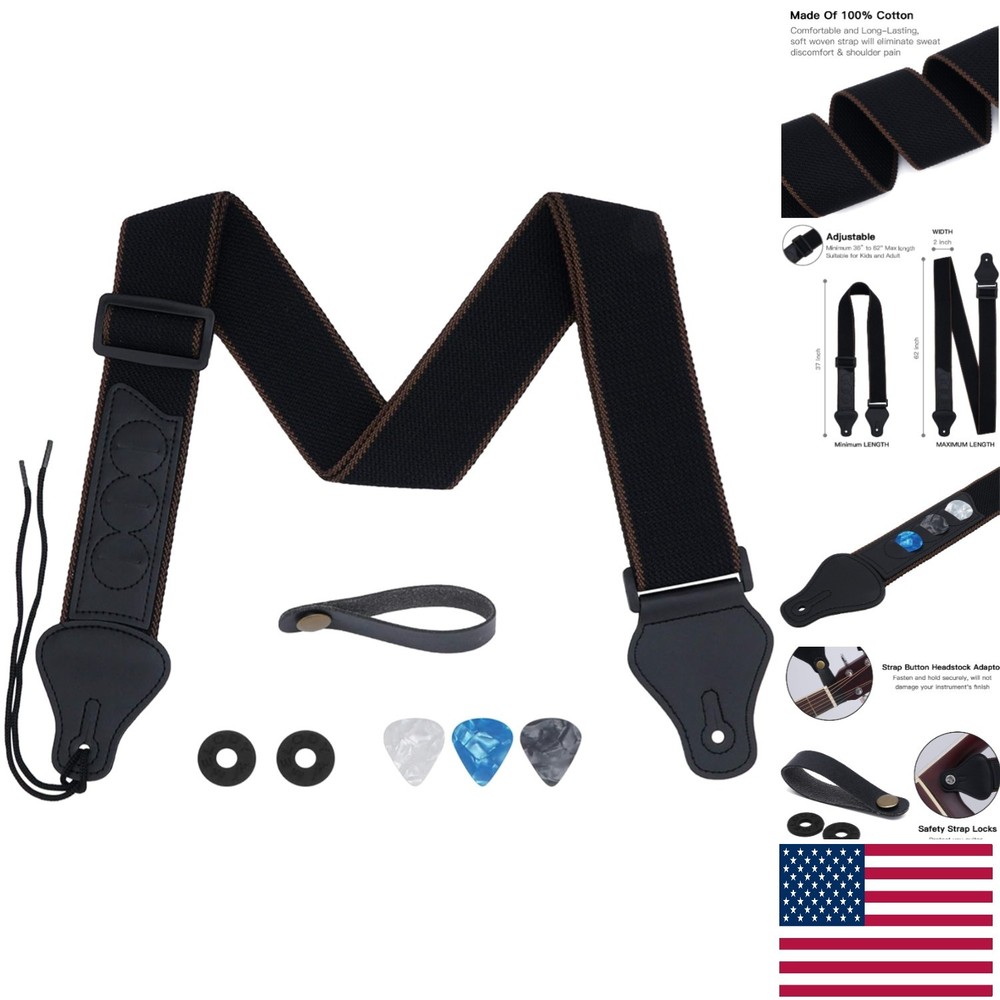 Comfortable Cotton Guitar Strap - 36-62” Adjustable with Pick Holders & Locks