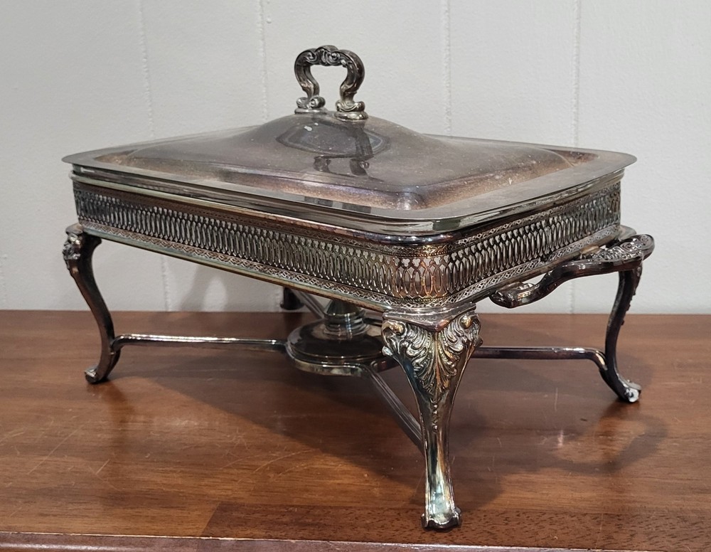 Vintage Silver Plated Casserole Chaffing Dish Server Pyrex Insert Sterno Heater