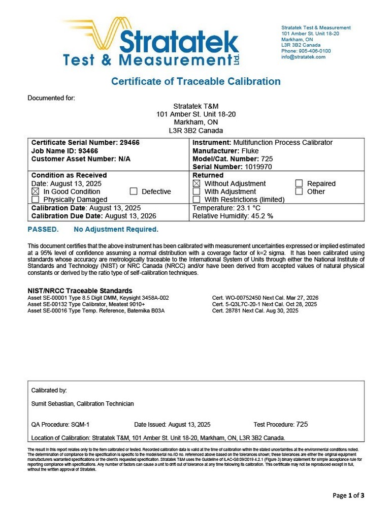 Fluke 725 Multifunction Process Calibrator - NIST Calibrated with Data
