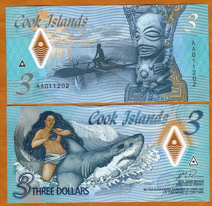 Cook Islands, $3, 2021, Naked Ina & a shark,  P-New, Polymer AA-Prefix, Gem UNC
