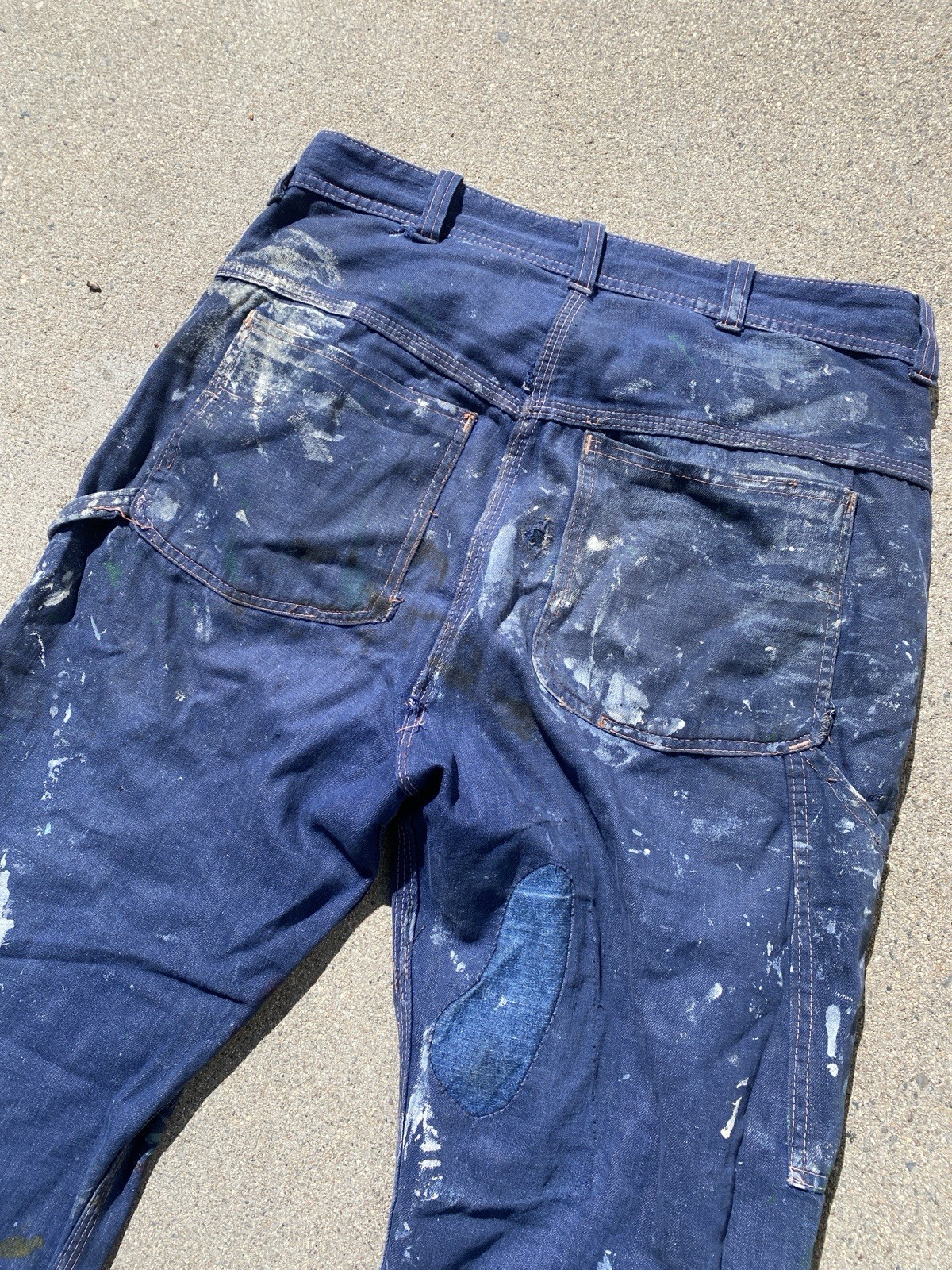 Vintage 60s Paint Splatter Carpenter Pants BLue Thrashed Repaired 32x30 Workwear