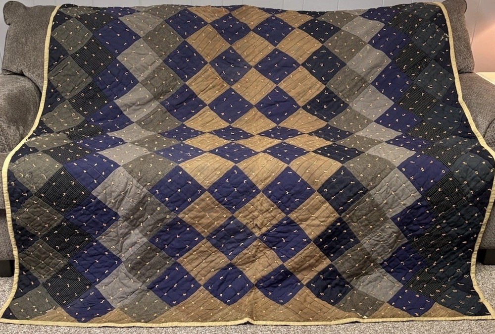 Antique Quilt Handmade 70 X 71 Patchwork Diamond Design Rustic