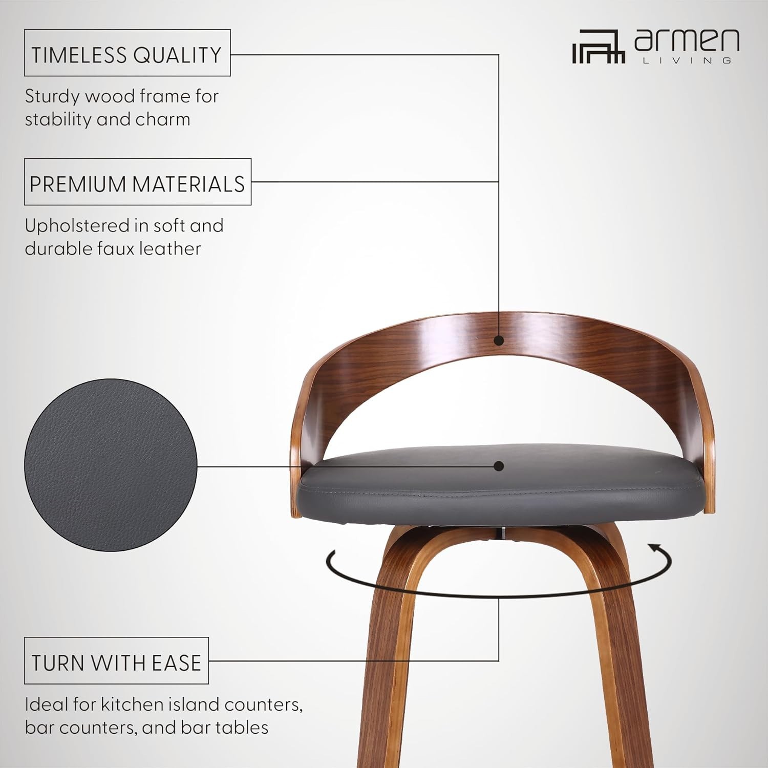 Armen Living Sonia 30" Bar Stool Swivel Gray Faux Leather and Walnut