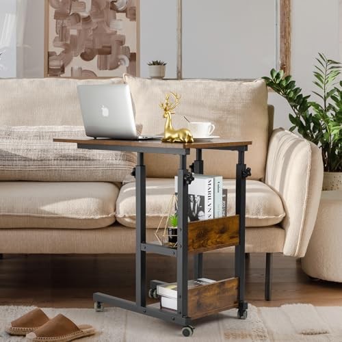 C Shaped Side Table Adjustable, Height Adjustable C Romantic Brown Modern