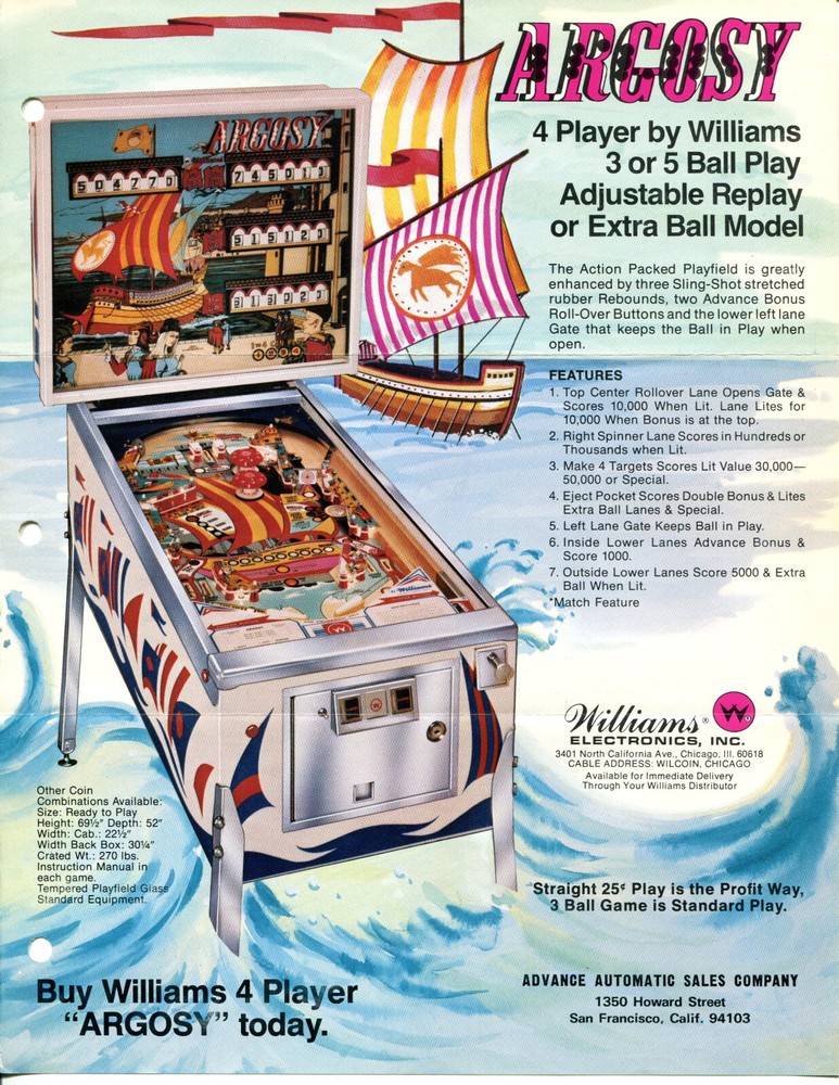 Argosy Williams Pinball Flyer / Brochure / Ad