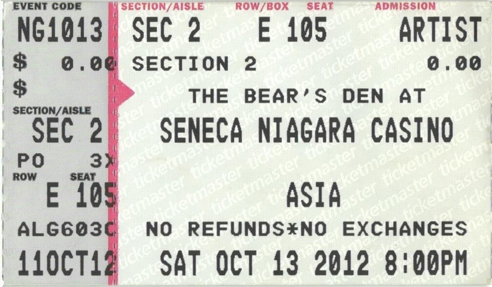 Vintage Asia Concert Ticket 2012-10-13 Niagara Falls NY
