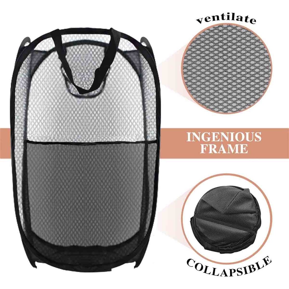 2x Collapsible Pop Up Laundry Bag Foldable Hamper Large Mesh Clothes Basket