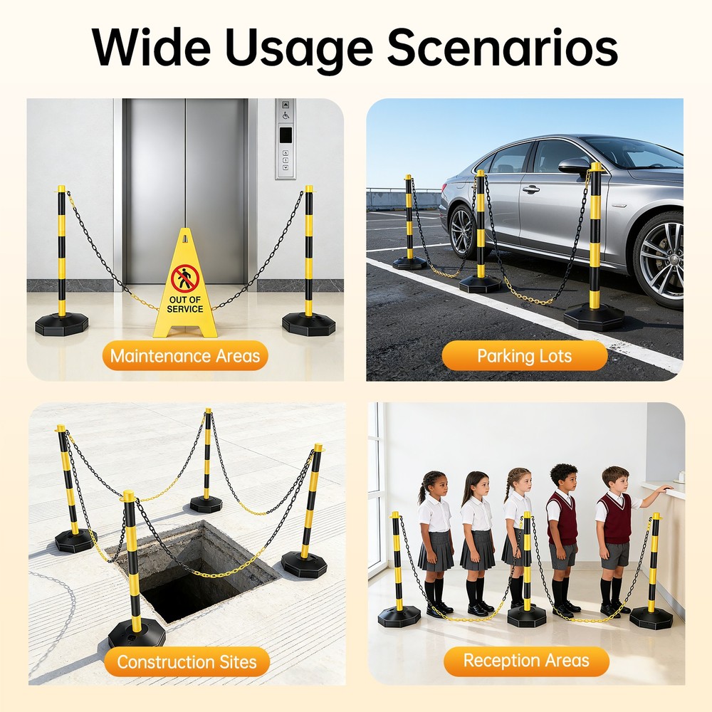 6 Pack Traffic Cones Adjustable Delineator Post Portable Parking Pole W/ Chains