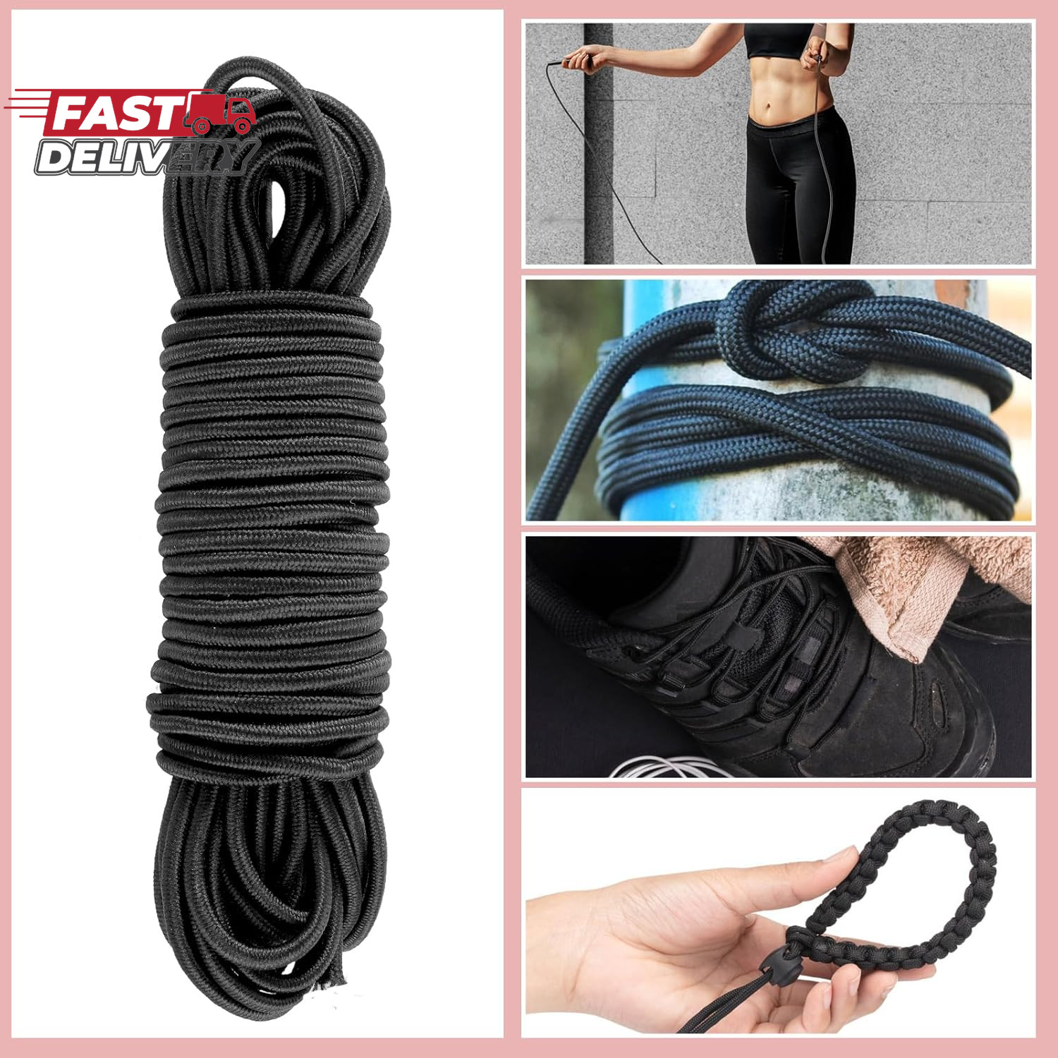 33Ft Long Kayak Bungee Cord 1/8 Inch Heavy-Duty Black Bungee Shock Cord Roll Ela