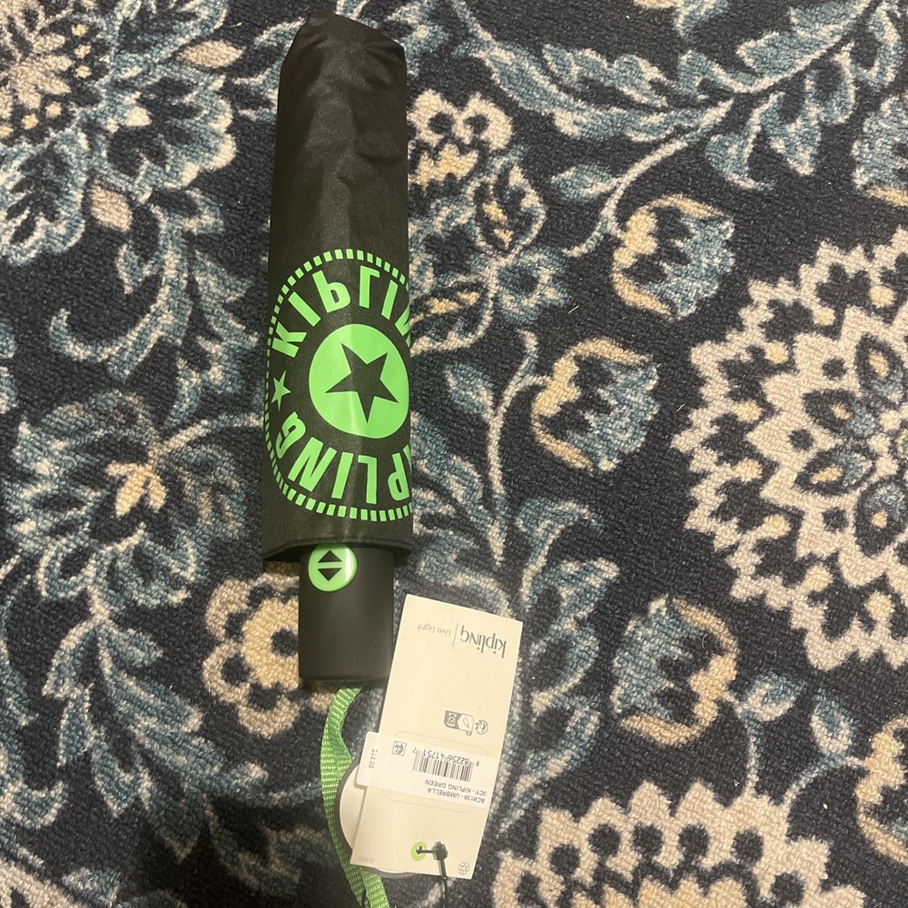 Kipling AC8138 Push Button Automatic Open Printed Umbrella Green Black NWT