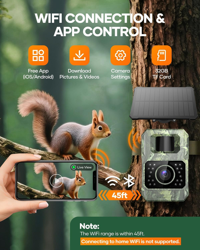 Solar Trail Camera 48MP 30FPS, Wifi Bluetooth Game Camera with Motion Activated