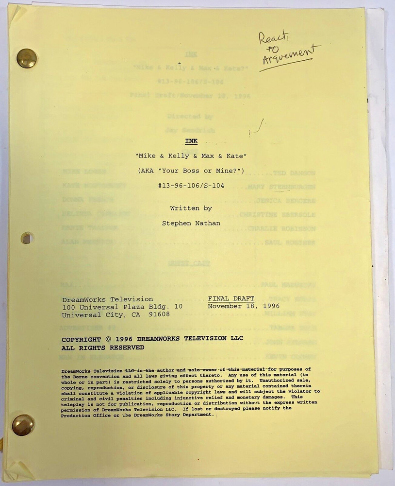 TED DANSON INK TV SCRIPT 1996 ANNOTATED “Mike & Kelly” Original