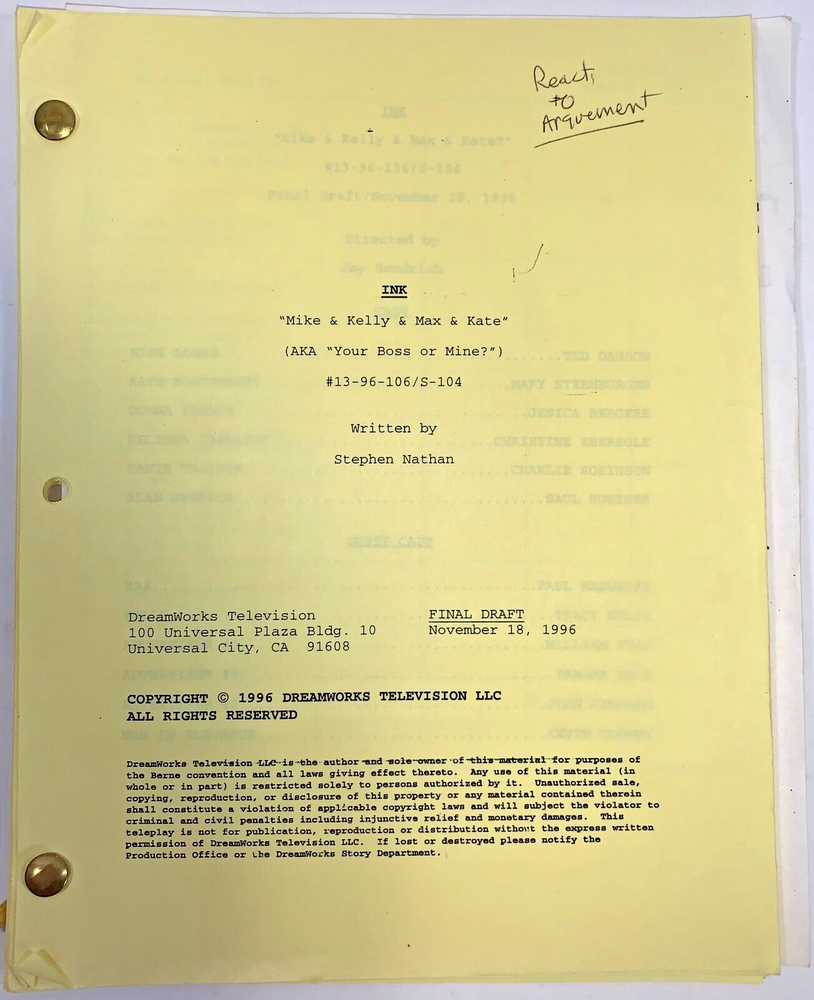 TED DANSON INK TV SCRIPT 1996 ANNOTATED “Mike & Kelly” Original
