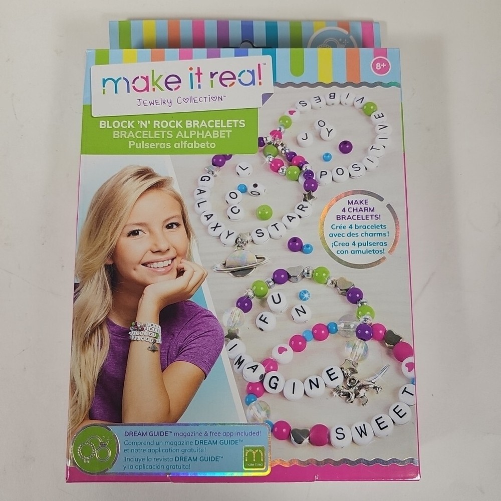 Make It Real: Block ‘N Rock Bracelets Kit - Create 4 Unique Letter Charm...