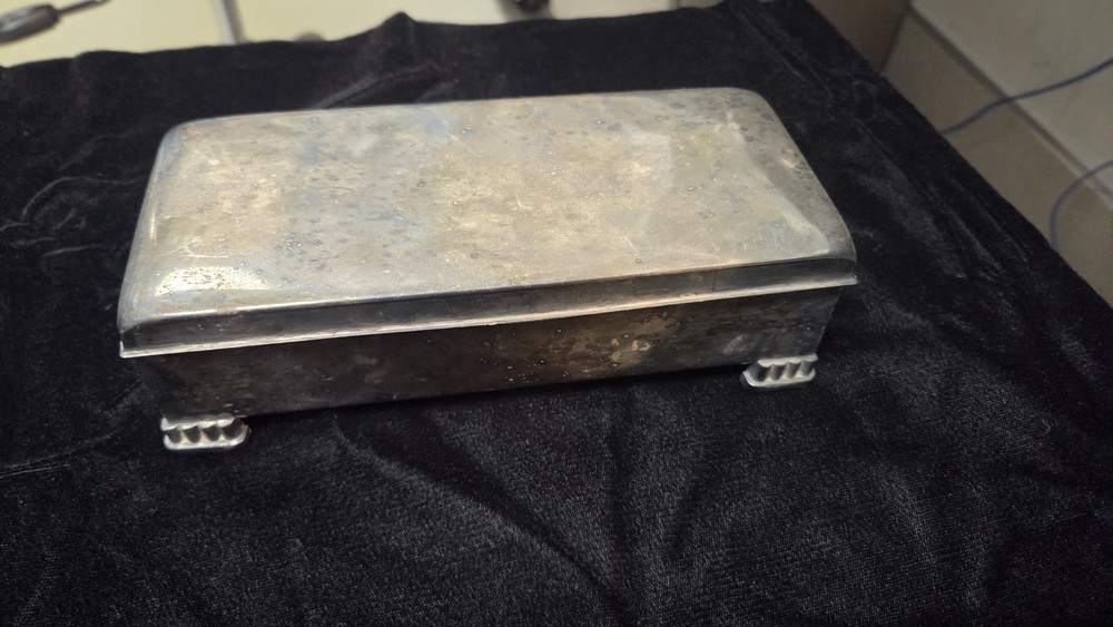 Poole Silver Co 2002 Silverplate Footed Cigarette/Jewelry Box Vintage Wood Lined