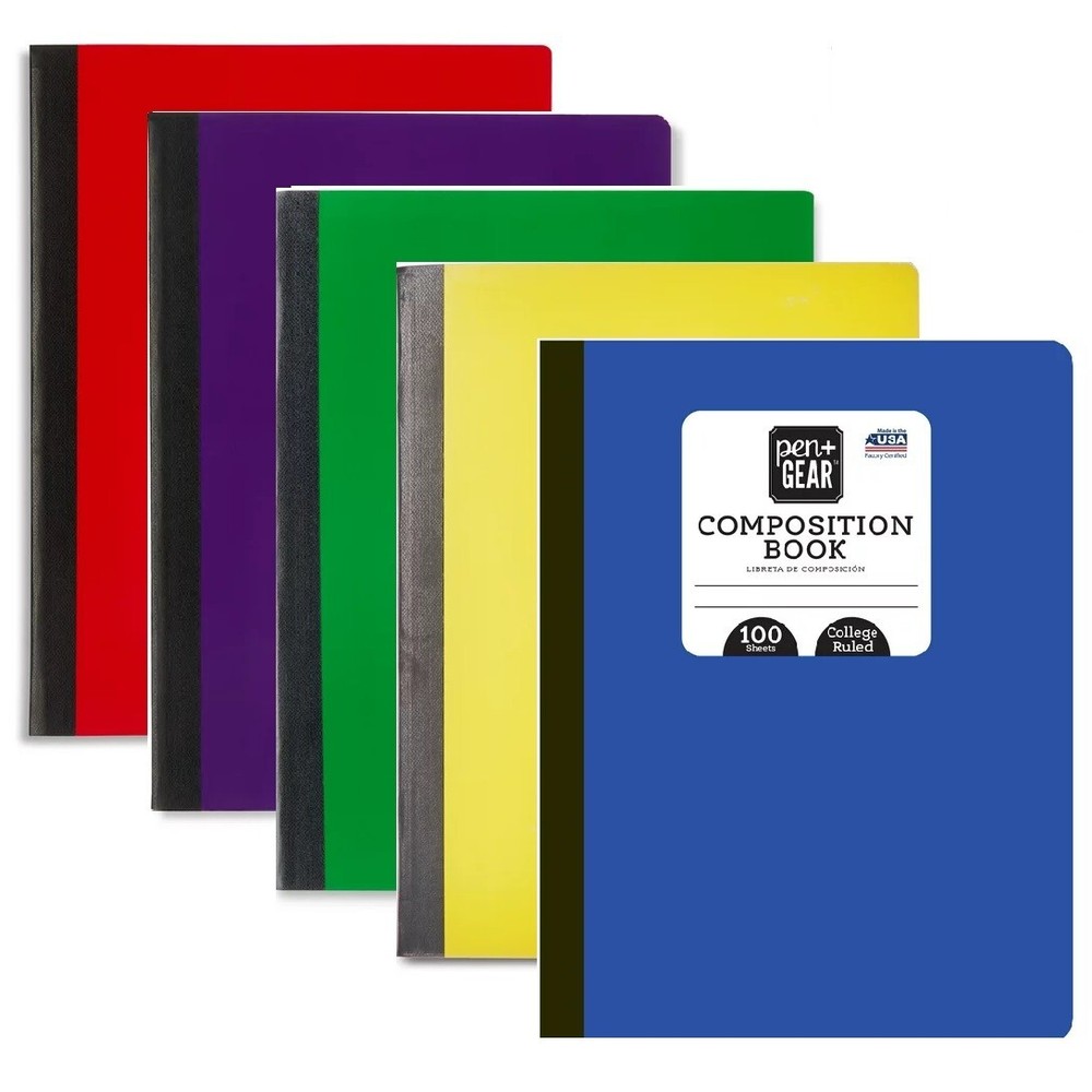 Composition Notebook COLLEGE Ruled 100 Page Solid Color Hard Covers 5-Pack