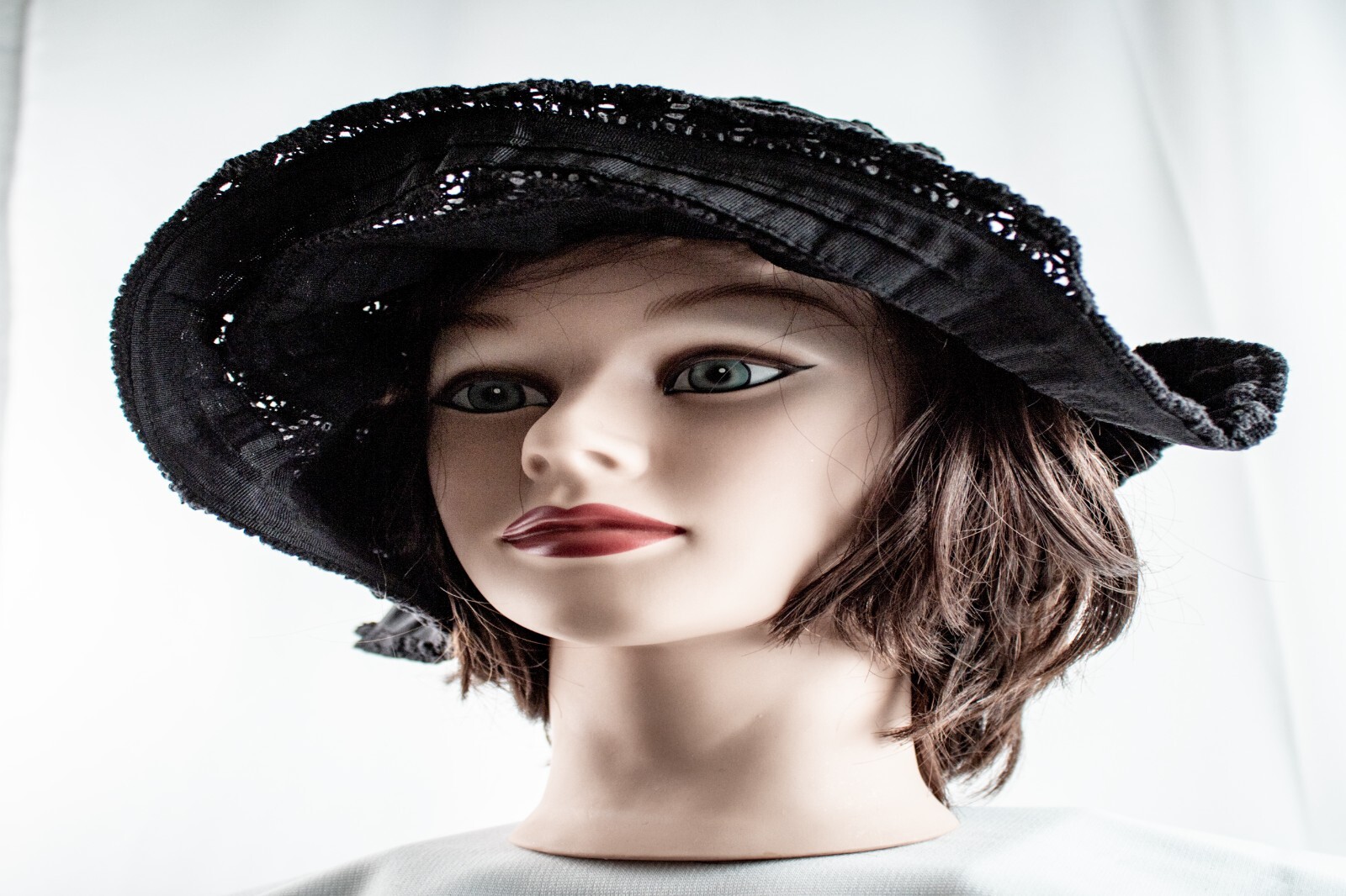 1950's Vintage Black Lace Cotton Women Floppy Bucket Hat Size M 7.1/8