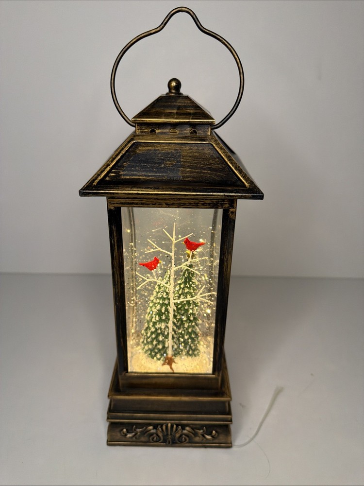 Christmas Snow Globe Automatic Flow Cardinal And Studebaker Lit Lantern 11"