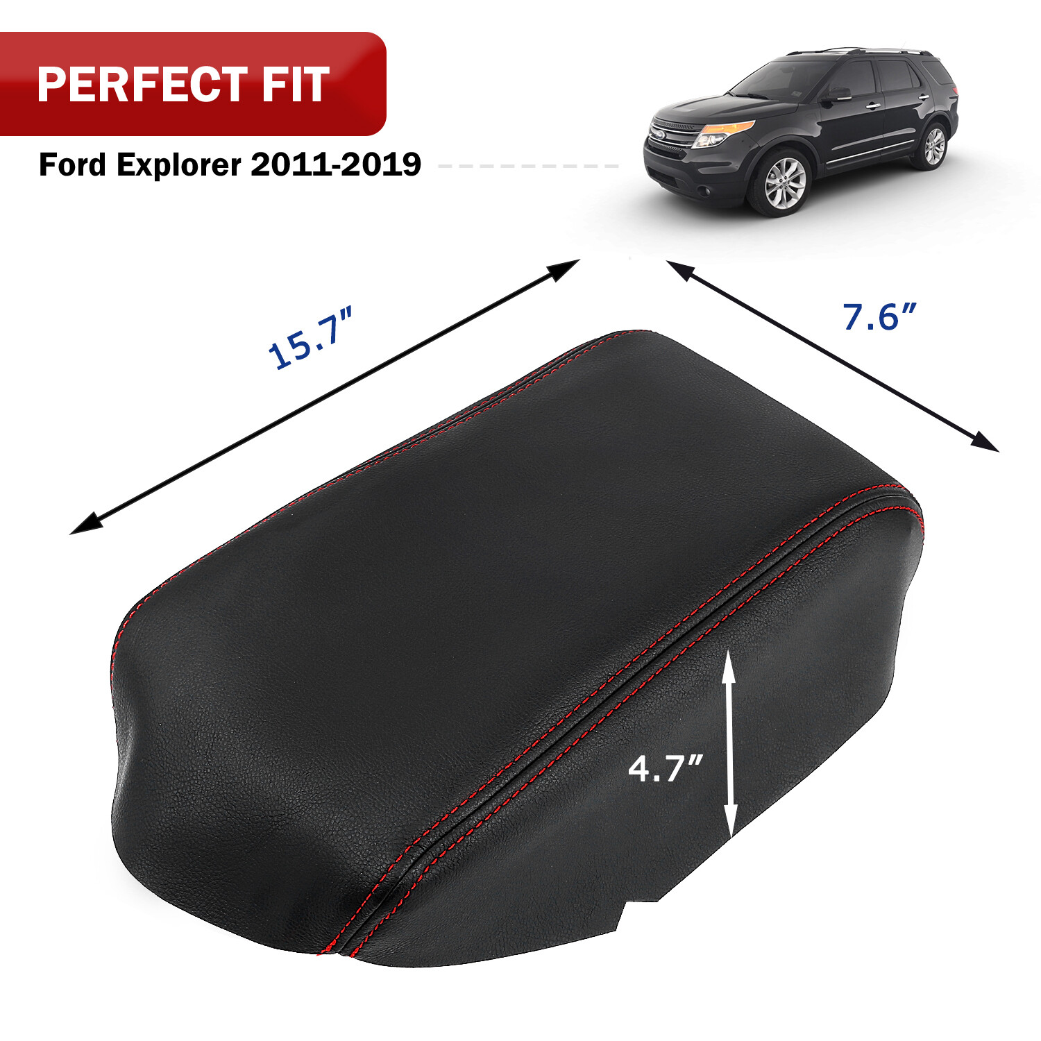 Fits 2011-2019 Ford Explorer Leather Center Console Lid Armrest Cover Red Stitch
