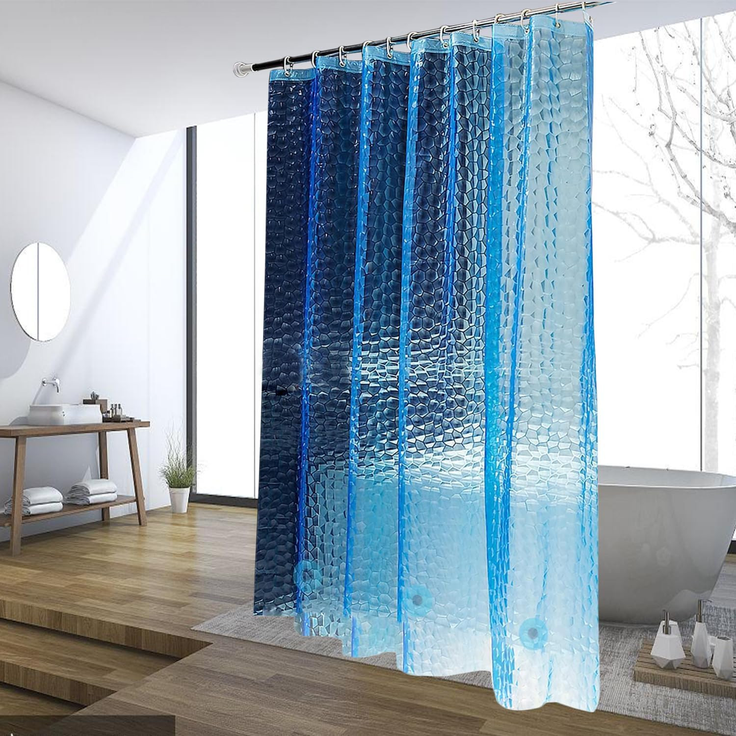 Blue Shower Curtain Liner, 100% Waterproof EVA 3D Shower Curtains with 3 Duty 12