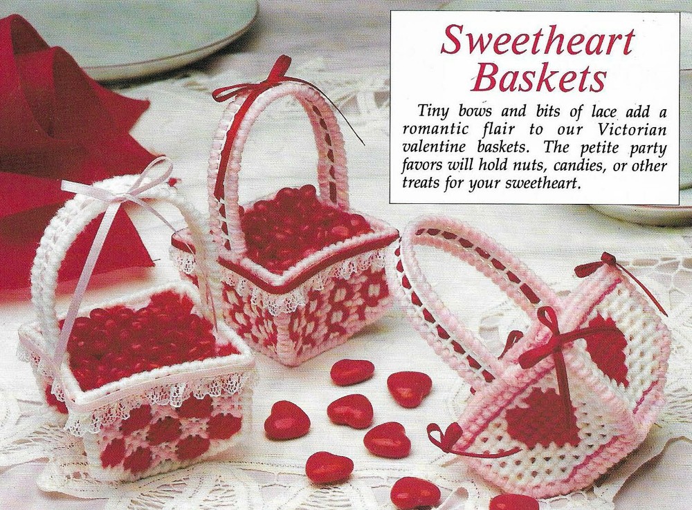 3 SWEETHEART BASKETS VALENTINE PLASTIC CANVAS PATTERN INSTRUCTIONS