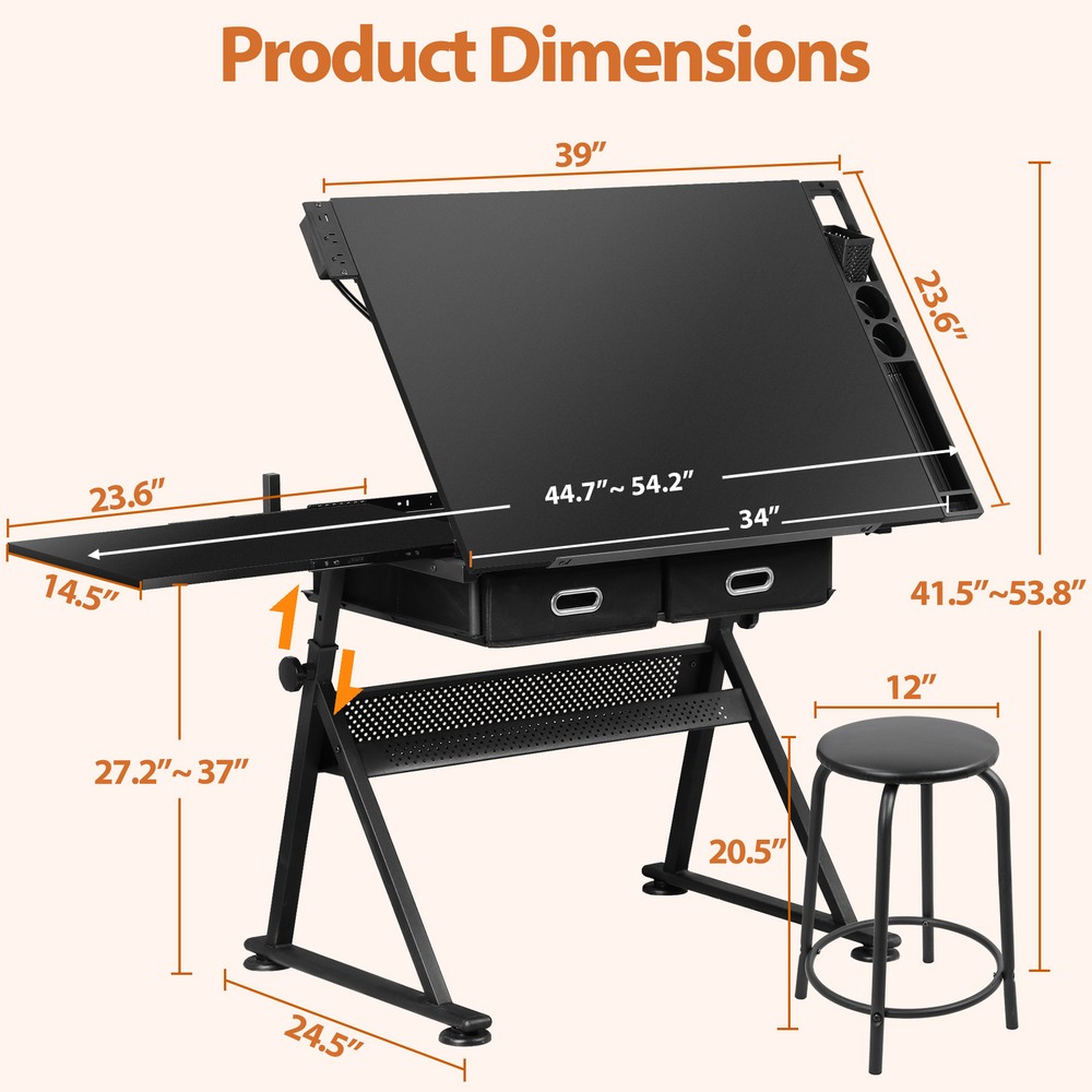 Adjustable Drafting Table with Outlet Artist Drawing Table with Stool Black