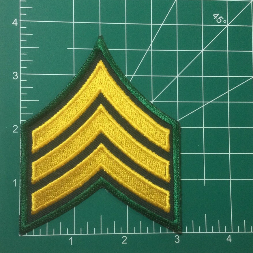 (2) Sergeant Chevron - 3 YELLOW stripes on BLACK Patch (Green Border)