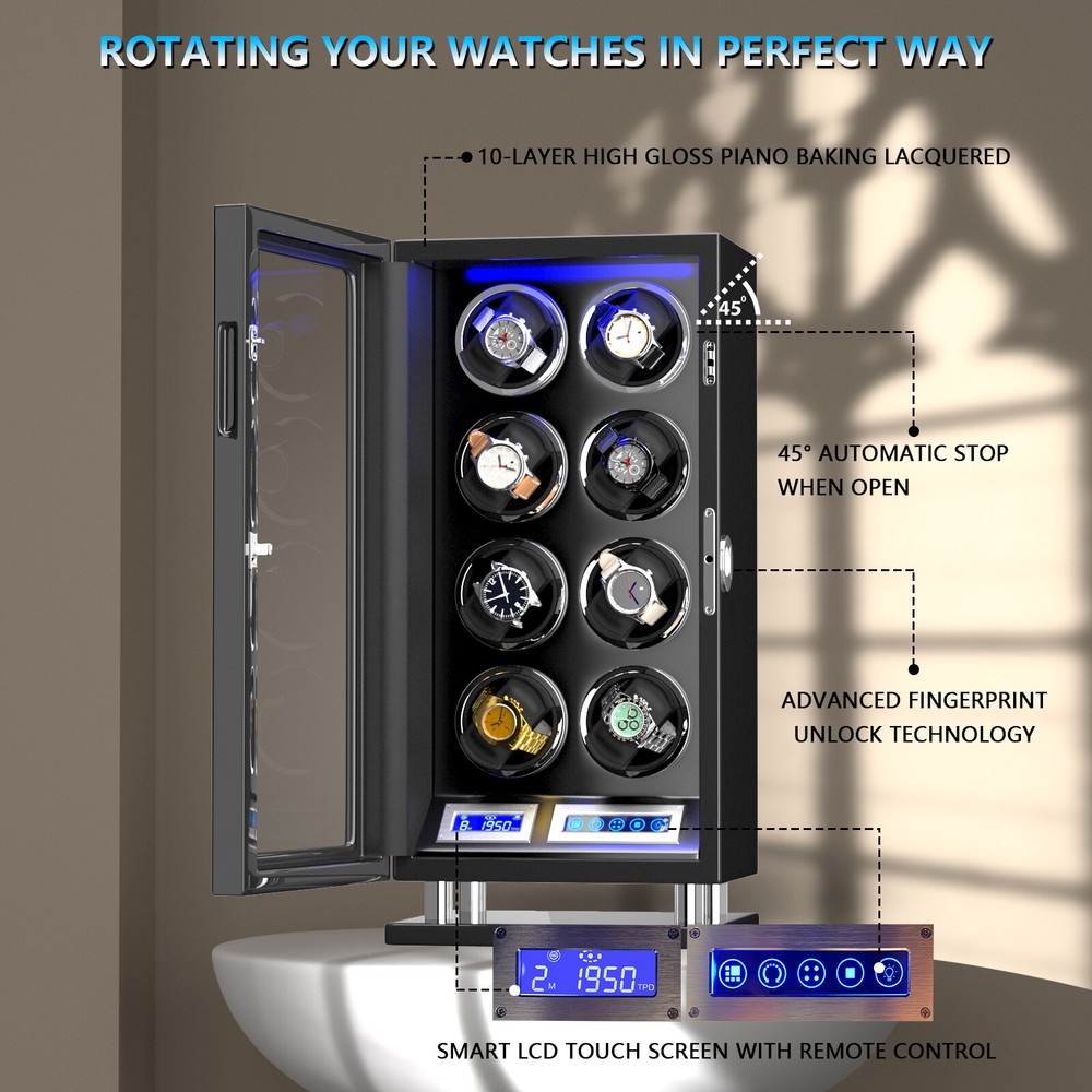 New Fingerprint LED Automatic 8 Watch Winder Box Display Case LCD Touch Screen