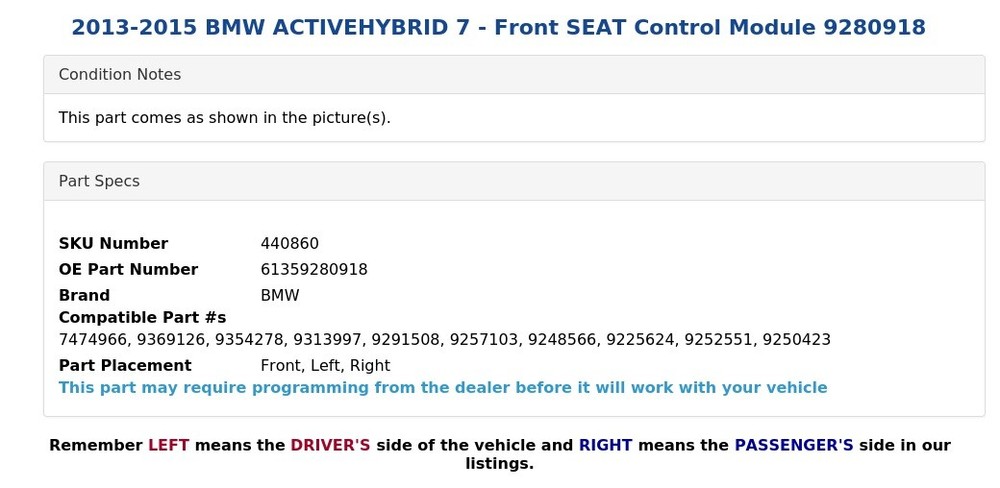 2013-2015 BMW ACTIVEHYBRID 7 - Front SEAT Control Module 9280918