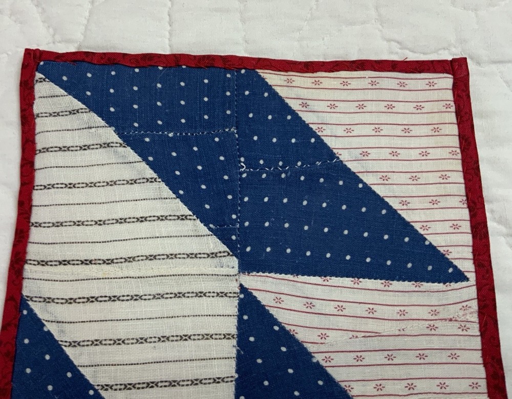 Vintage Antique Patchwork Quilt Table Topper, Triangles, Blue, White