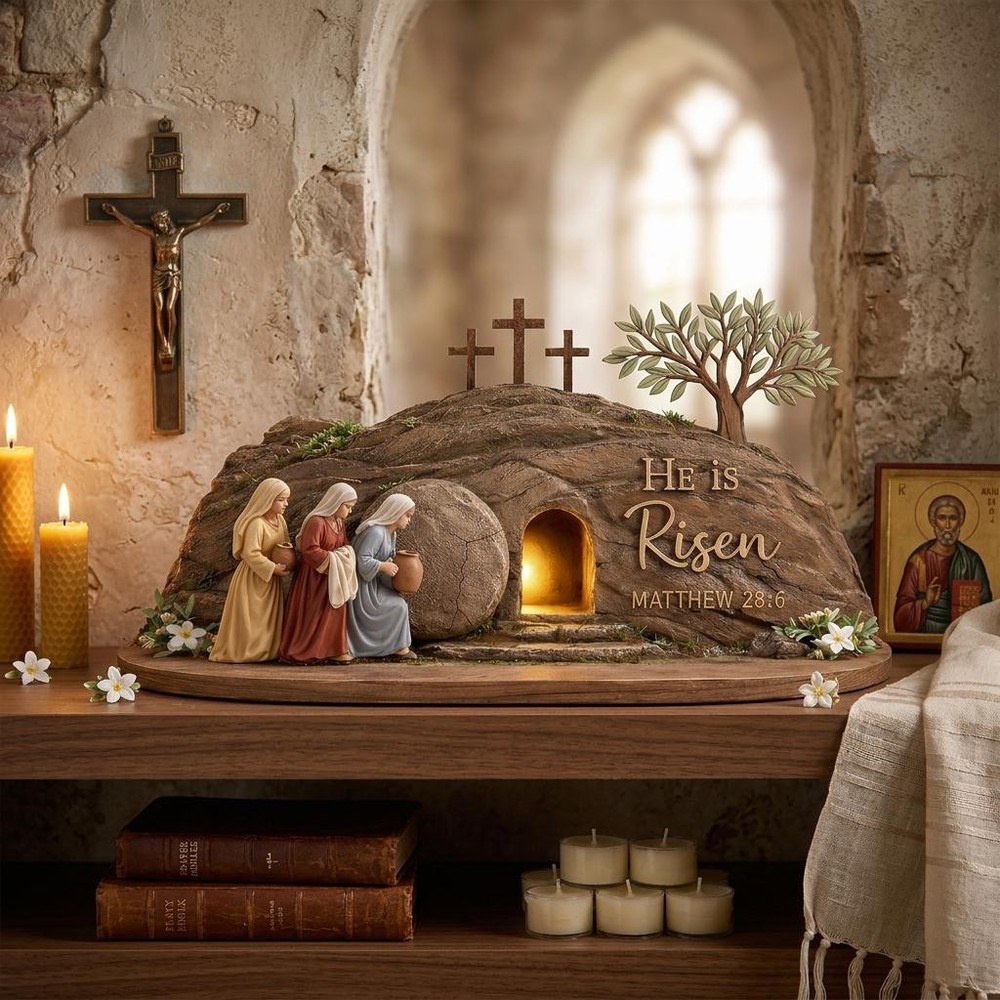 He Is Risen 4-Layer Wooden Easter Display – Empty Tomb Cross Decor