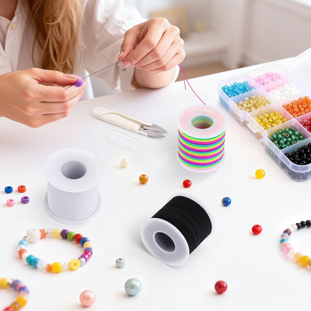 Stretchy Bracelet String Kit with Scissors & Beading Black, White, Rainbow