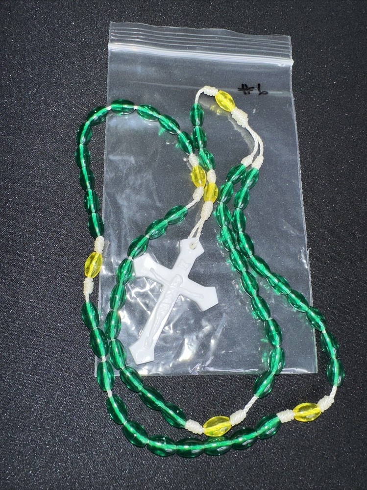 Vintage Catholic Green / Yellow &  White Cross Rosary 16" #6