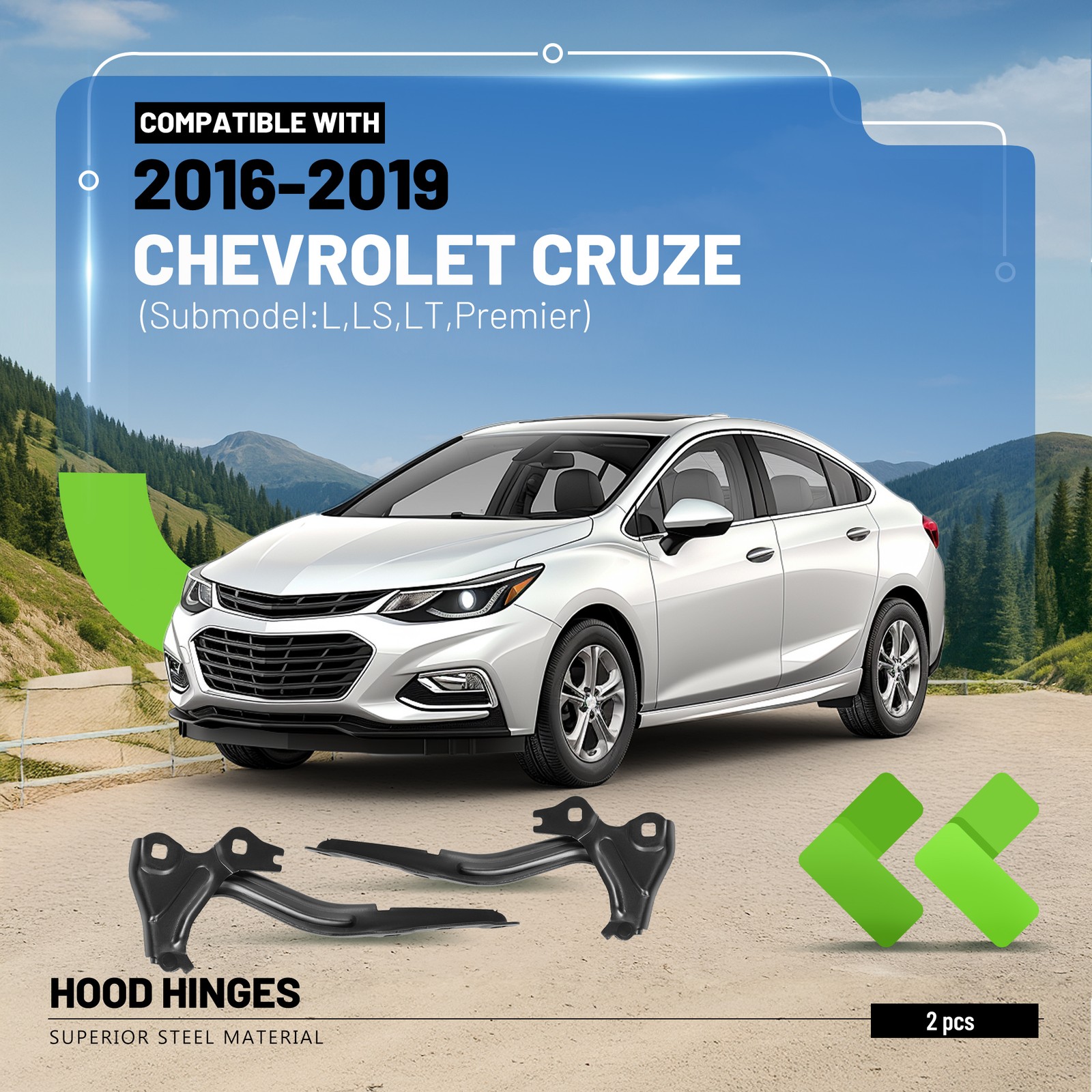 Pair Set of 2 Hood Hinges Driver & Passenger Side For 2016-2019 Chevrolet Cruze