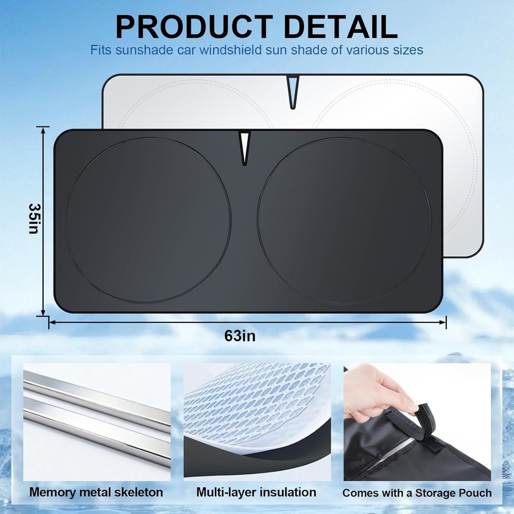 Universal Fit Car Sun Shield - Foldable 63 x 35in Reflective Polyester Design