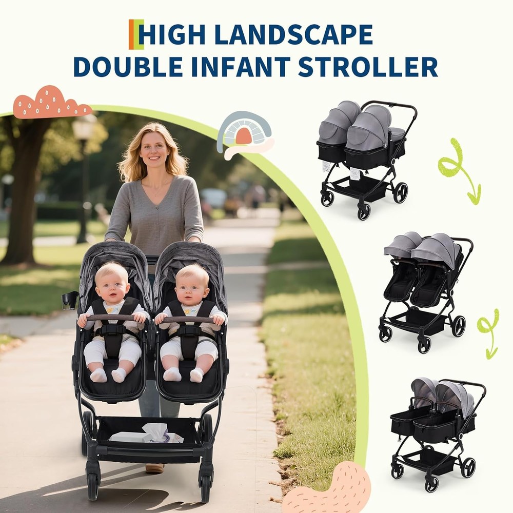 Side by Side Double Stroller Lightweight Compact Foldable Baby Travel Stroller