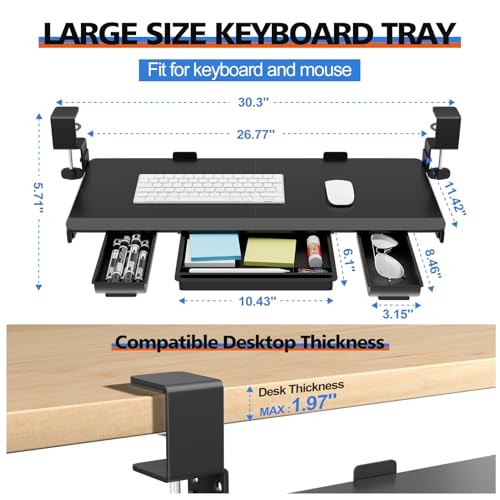 Large Height Adjustable Keyboard Tray with Sturdy C-Clamp Height adjustable