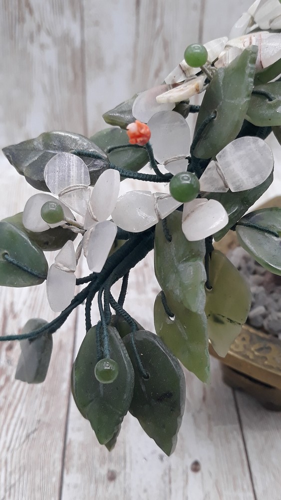Hand Crafted Chinese Jade Bonsai Eucalyptus Tree Brass Base