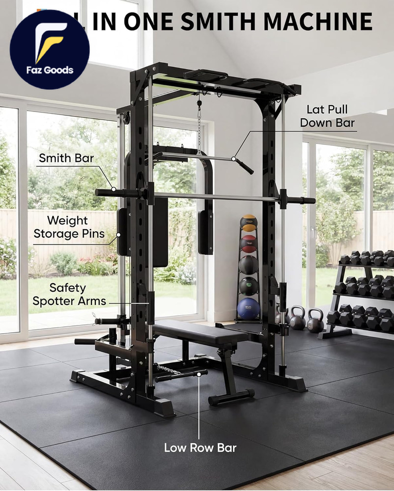 Smith Machine Heavy Duty Power Cage Squat Rack with Smith Bar LAT Pulldown