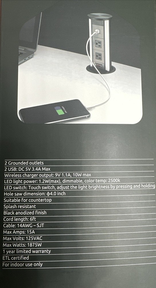 Link2Home 2-Outlets Automatic Pop Up Socket w 10-Watt Induction Wireless Charger