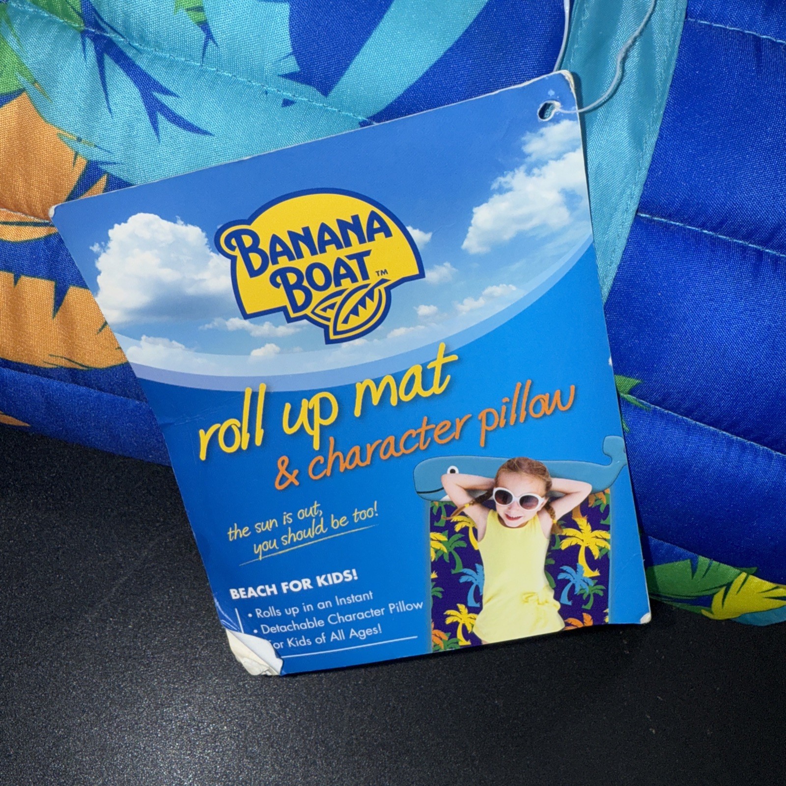 Banana Boat Roll Up Beach Mat w/ Fish Plush Pillow 47"x 24" Blue Orange Camping