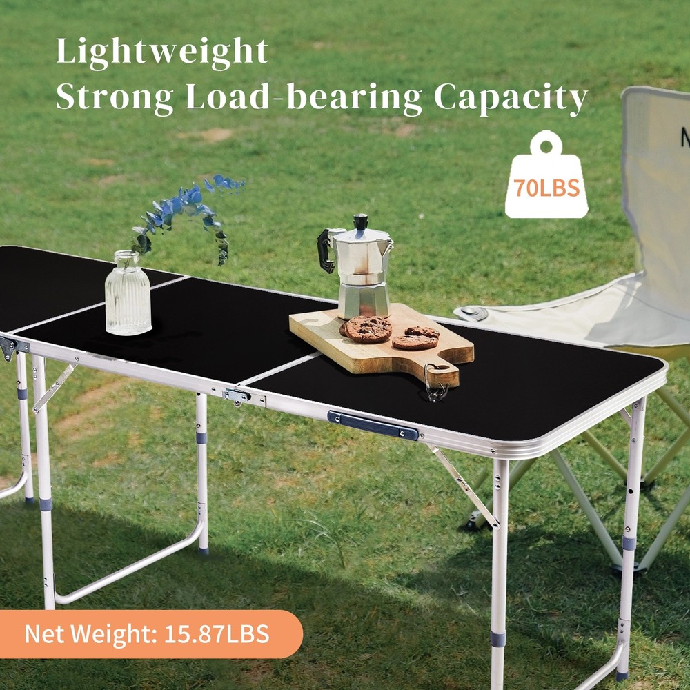 Folding Camping Table 6ft - Adjustable Height, Aluminum & Black Patio Table