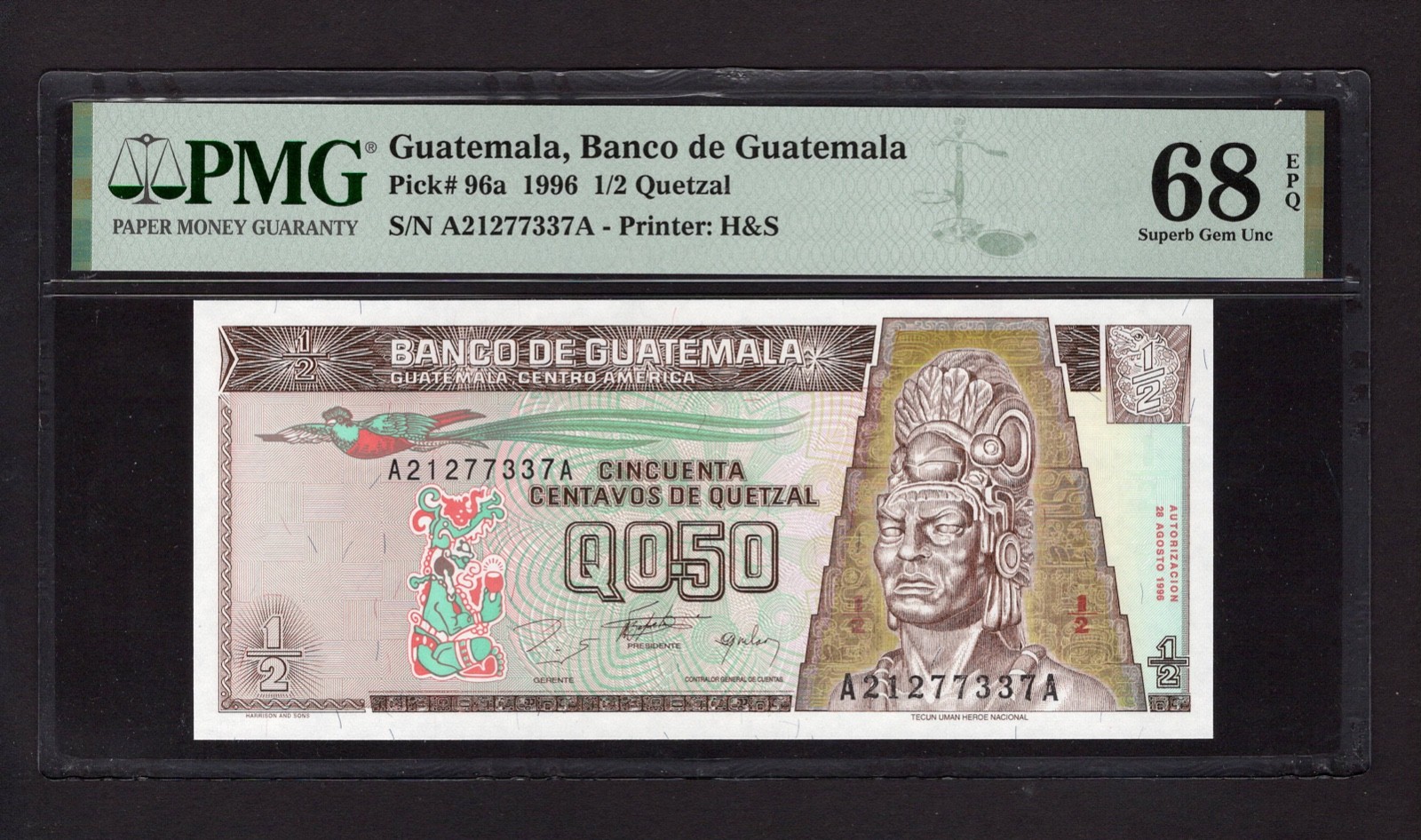 Guatemala 1/2 Quetzal 28-8-1996 P96a Uncirculated Grade 68 Top Pop